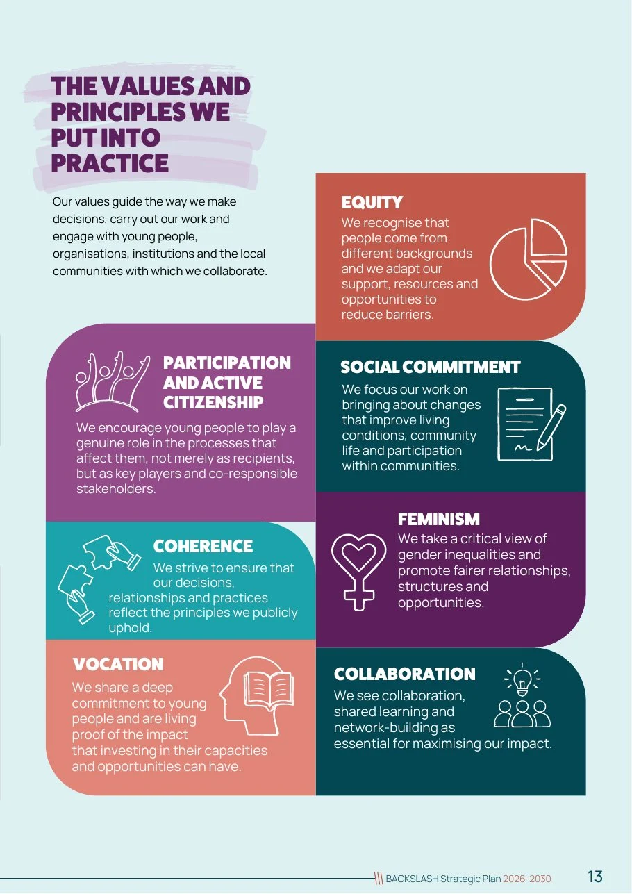 Page of the Strategic Plan listing BACKSLASH’s values and principles