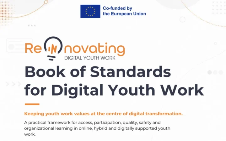Portada del Book of Standards for Digital Youth Work del proyecto Re(In)novating Digital Youth Work, cofinanciado por la Unión Europea